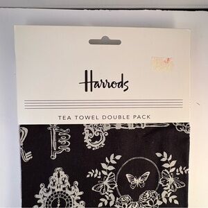 New Set Of 2 Harrods London Tea Towel Curiosities Print Black White Butterfly